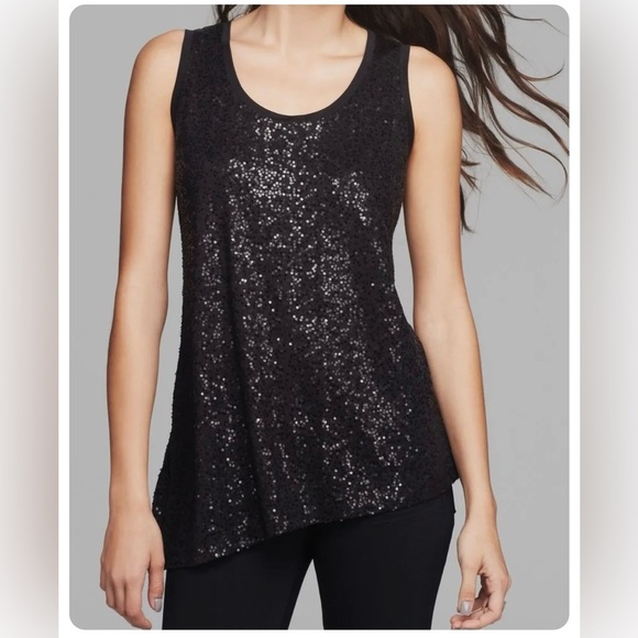 Eileen Fisher Black Silk Stretch Sequin Asymmetrical Tank w/Side Slit Sz PP - Picture 1 of 13